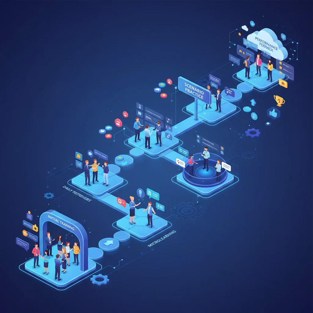 Sales team progressing through a microlearning journey, enhancing skills and performance through continuous, bite-sized learning.