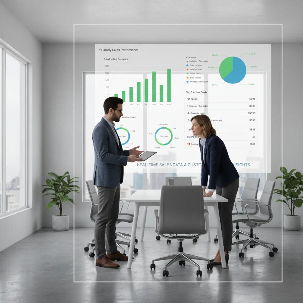 Sales professional leveraging CRM and AI tools for a successful client presentation.