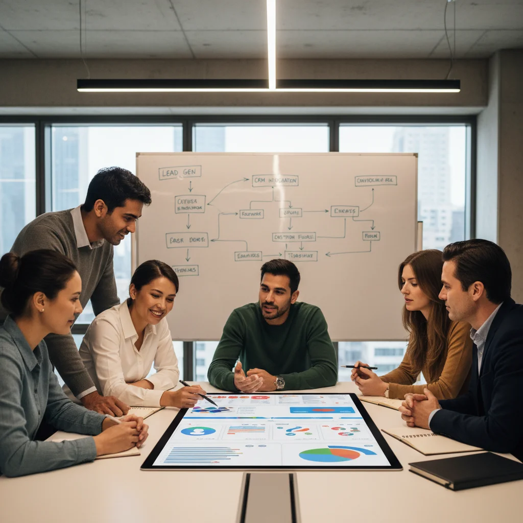Sales team collaborating using sales automation software on a tablet