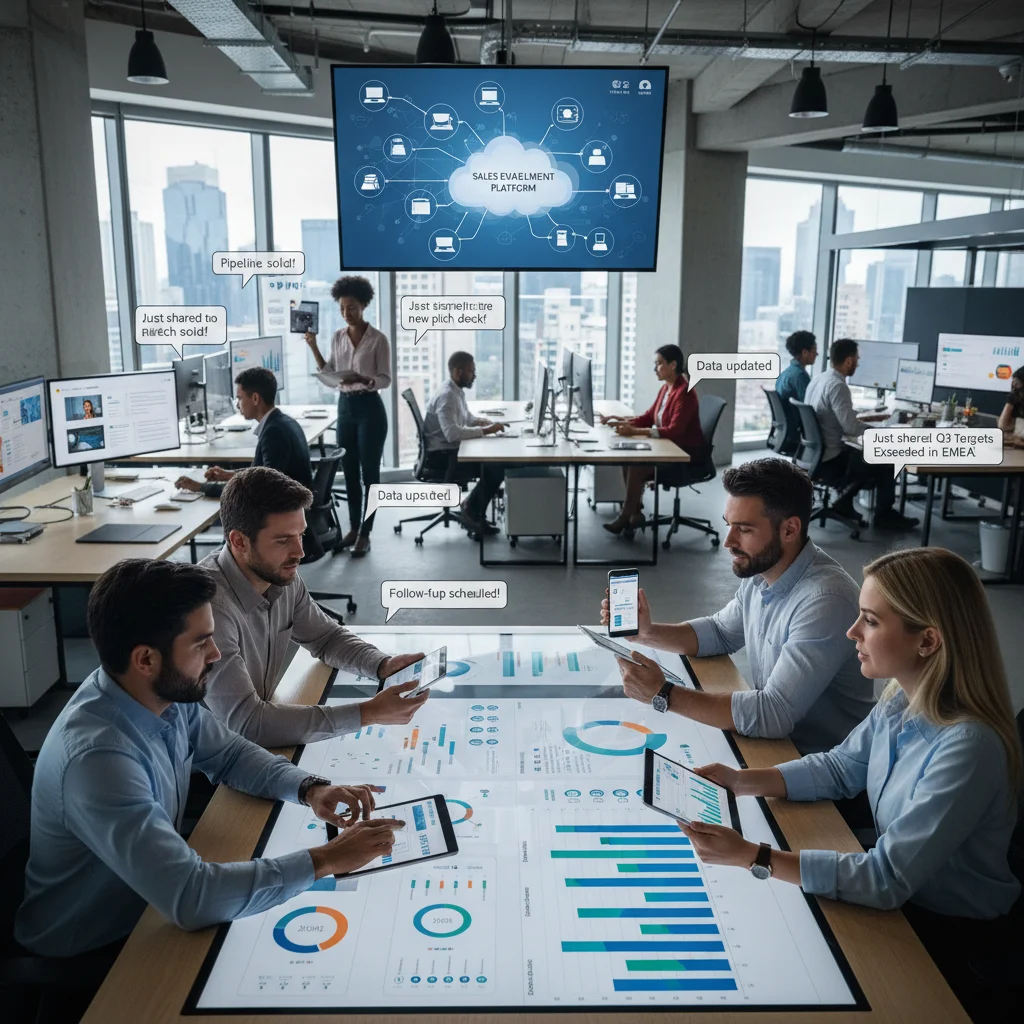 Sales team collaborating with integrated CRM and sales enablement tools