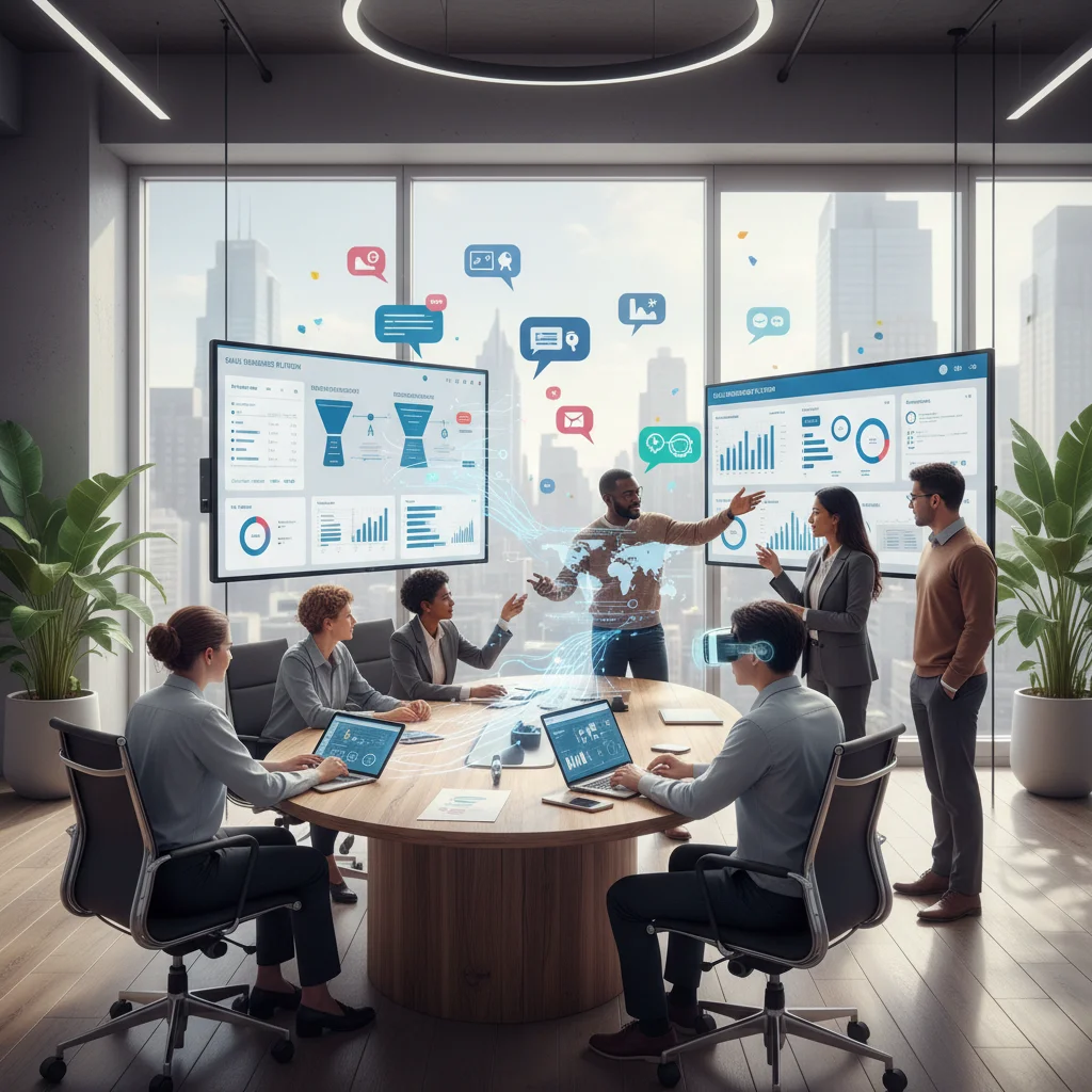 Sales team collaborating and using digital tools for improved efficiency