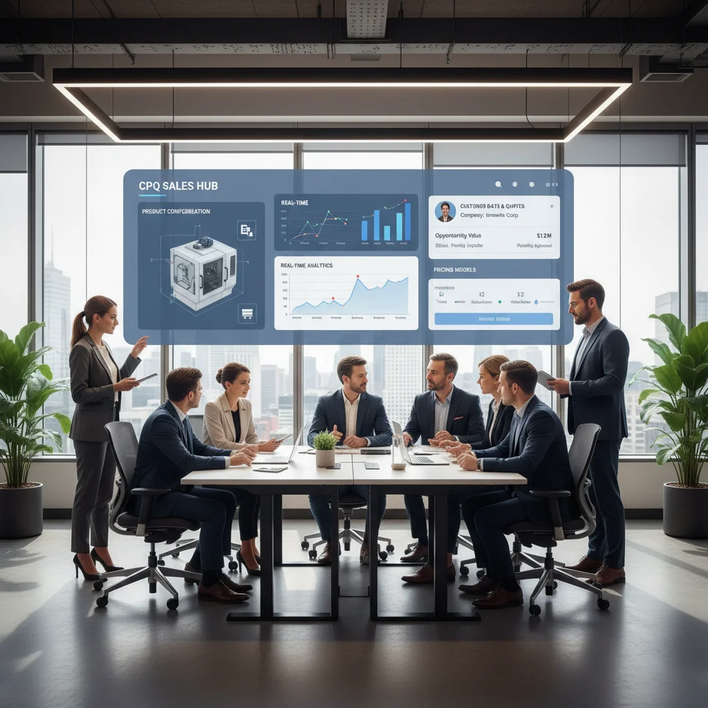 Sales team collaborating with advanced CPQ dashboard analytics