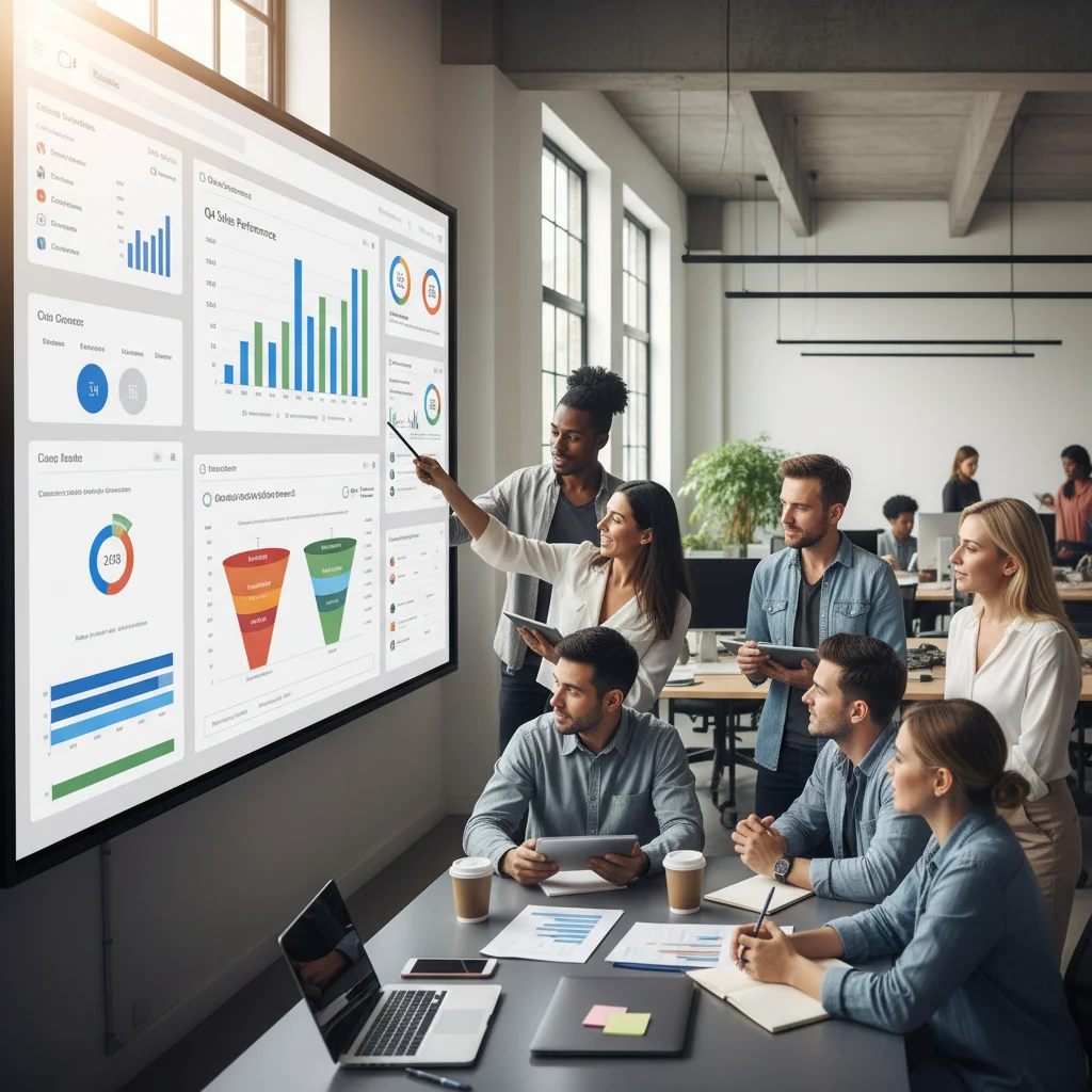 Sales team collaborating with integrated CRM data