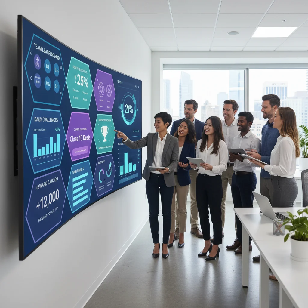 Sales team interacting with a modern gamification dashboard