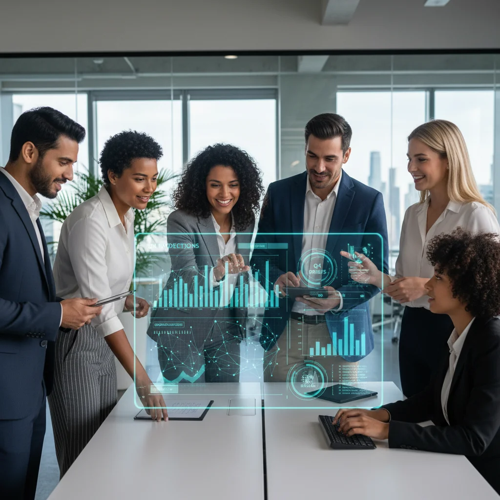 Sales team collaborating with predictive insights on an interactive screen.