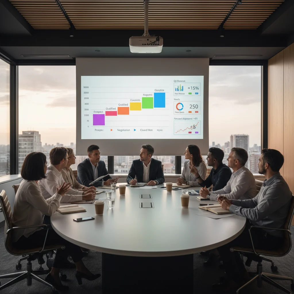 Sales team collaborating on pipeline review and forecast adjustments in a modern meeting room.