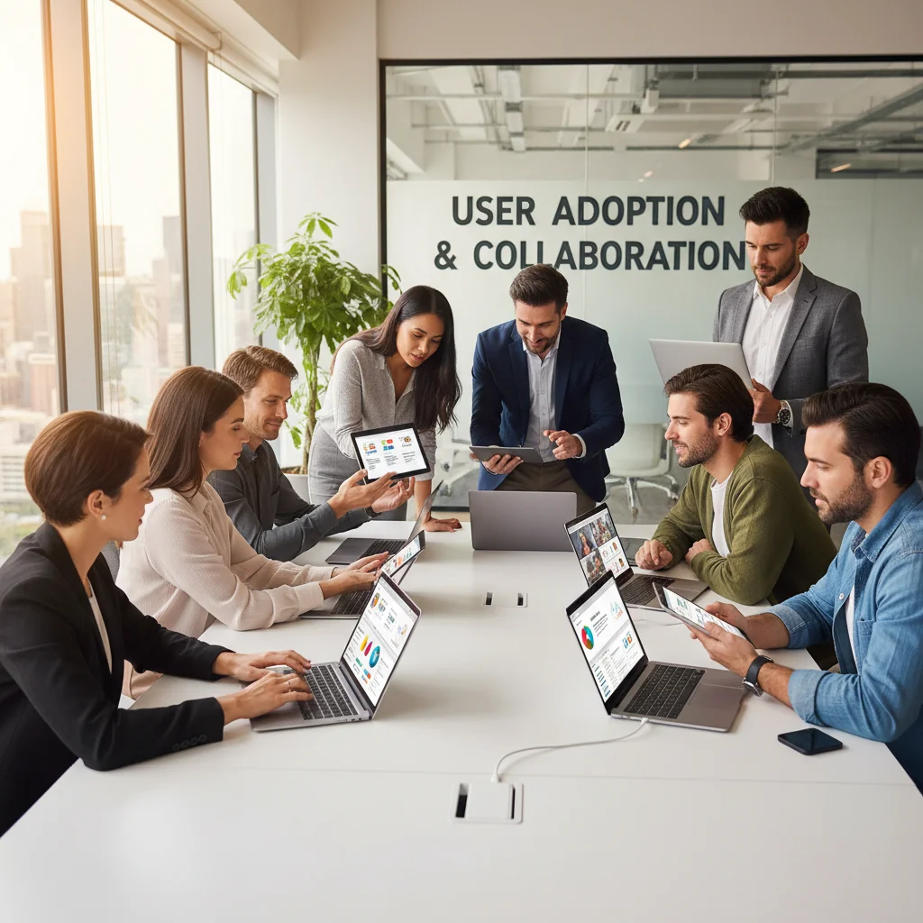 Sales team collaborating and effectively utilizing diverse sales enablement tools on digital devices in a modern office setting.