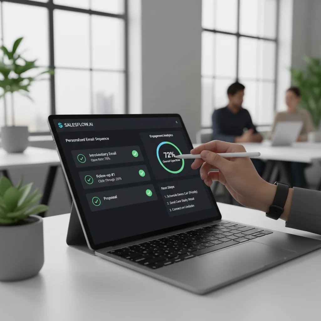 Salesperson interacting with a sales engagement platform interface, showing personalized email sequences and analytics.