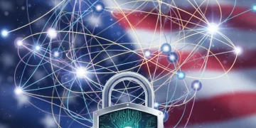 Secure data network with American flag colors, representing US data privacy regulations