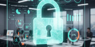 Secure digital sales dashboard with glowing padlock icon