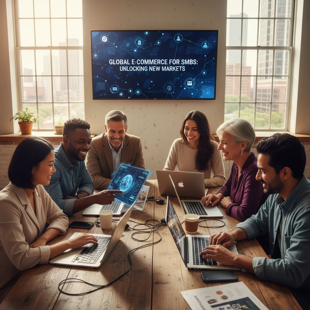 Small business owners collaborating on laptops, using e-commerce platforms