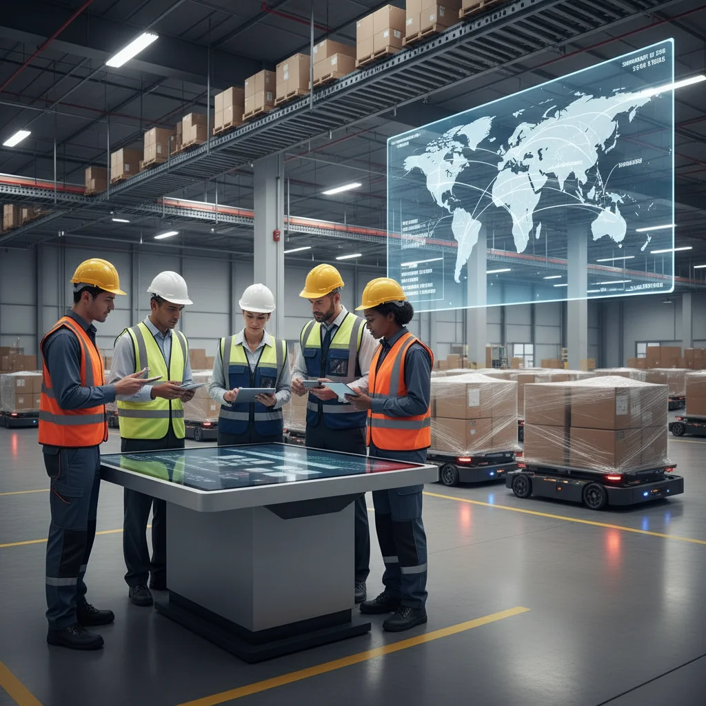 Logistics team collaborating in smart warehouse with robots and real-time tracking