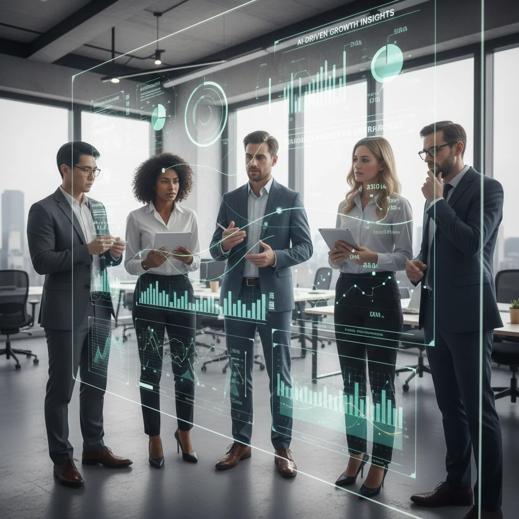 Business team analyzing AI-driven sales forecast models on a large screen