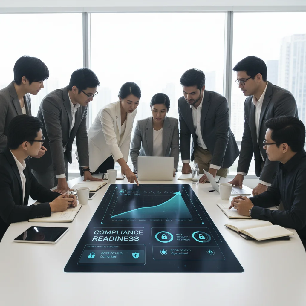 Business team reviewing compliance metrics on a digital dashboard, highlighting strategic planning for privacy regulations.