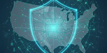 Digital shield protecting data over US map, symbolizing US data privacy laws 2026 impact on sales.