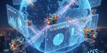 Digital commerce network with shopping carts and data flow, representing US digital sales growth
