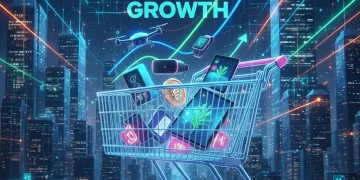 Futuristic digital marketplace with upward growth arrows symbolizing U.S. e-commerce expansion