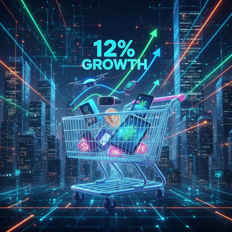 Futuristic digital marketplace with upward growth arrows symbolizing U.S. e-commerce expansion