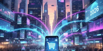 Futuristic cityscape with smartphone showing shopping, representing 2026 US mobile commerce growth.
