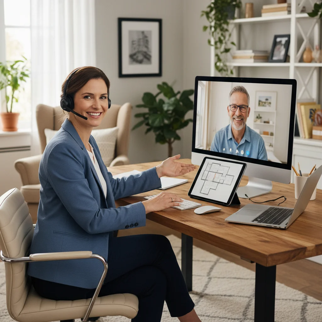 Sales professional engaging in a virtual client meeting from a home office.