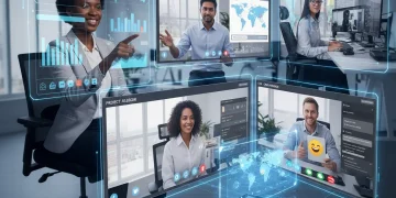Sales professionals using virtual selling tools for online collaboration and presentations.