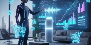 Futuristic user interacting with smart speaker for voice commerce purchases