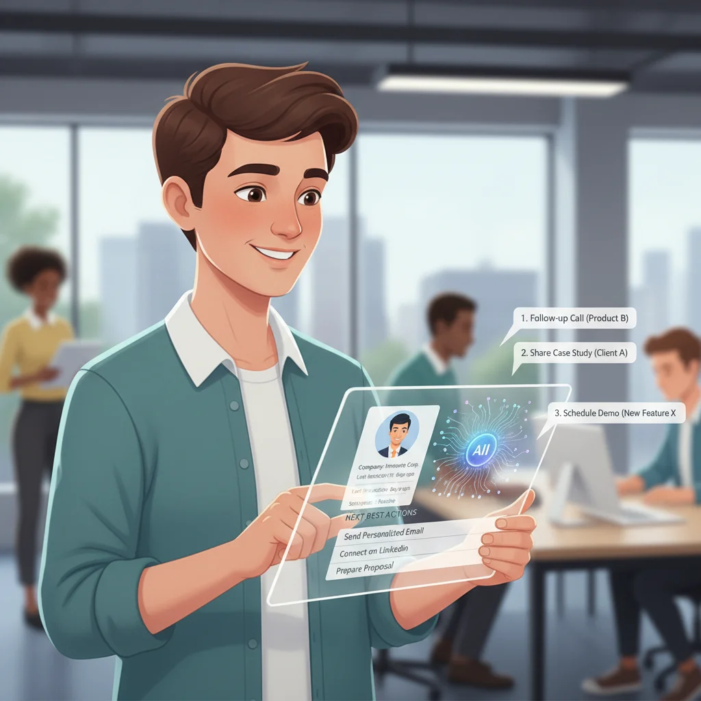 Sales representative using AI-powered CRM for real-time recommendations and enhanced customer engagement.