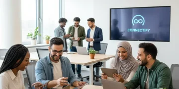 Diverse individuals engaging with digital technology, symbolizing strong brand loyalty and seamless customer experience in the digital age.