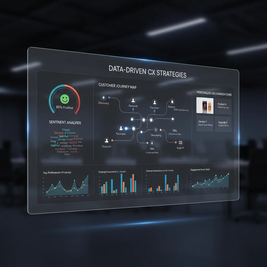 Data visualization dashboard showing customer journey, sentiment, and personalized recommendations, illustrating data-driven CX.
