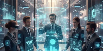 Futuristic sales team leveraging advanced CRM data visualization and AI for sales enablement in 2026.