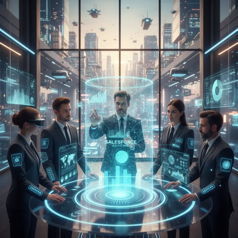 Futuristic sales team leveraging advanced CRM data visualization and AI for sales enablement in 2026.