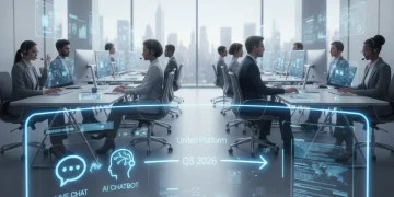 Futuristic customer service interface with live chat and AI integration, targeting Q3 2026.