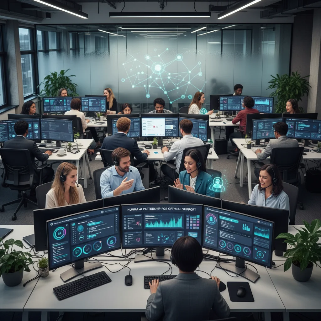 Human customer support team collaborating with AI systems for enhanced service.