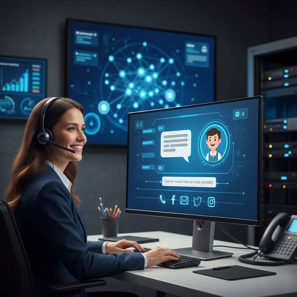 Customer service agent assisting via multiple channels, showcasing integrated omnichannel support for enhanced customer experience.