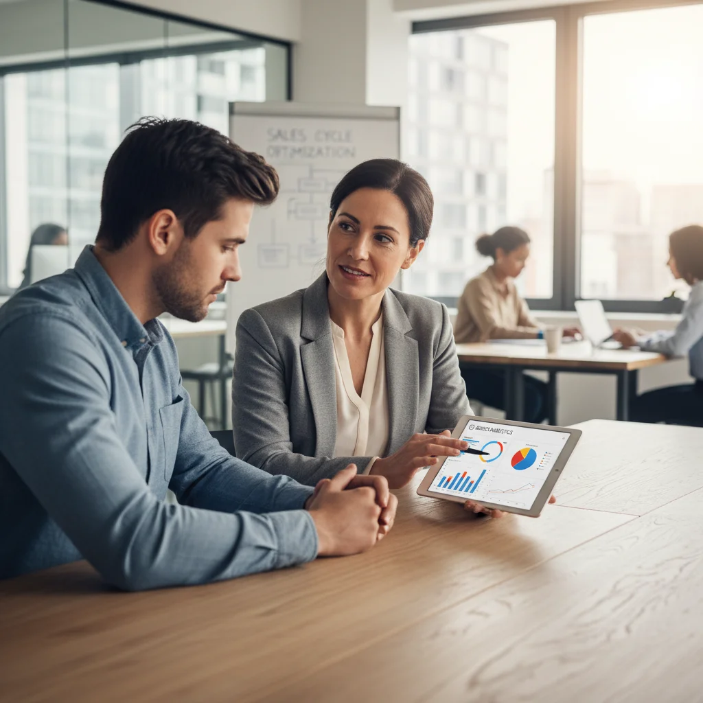 Sales manager coaching a representative using data analytics for personalized feedback.