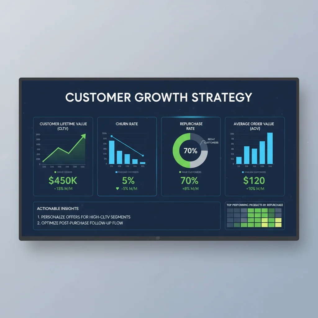 Analytics dashboard displaying key metrics for repeat purchase performance and customer retention.