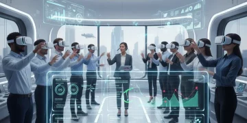 Sales professionals using VR headsets in an innovative training session, boosting confidence.