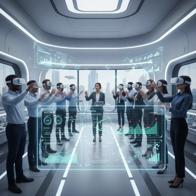 Sales professionals using VR headsets in an innovative training session, boosting confidence.