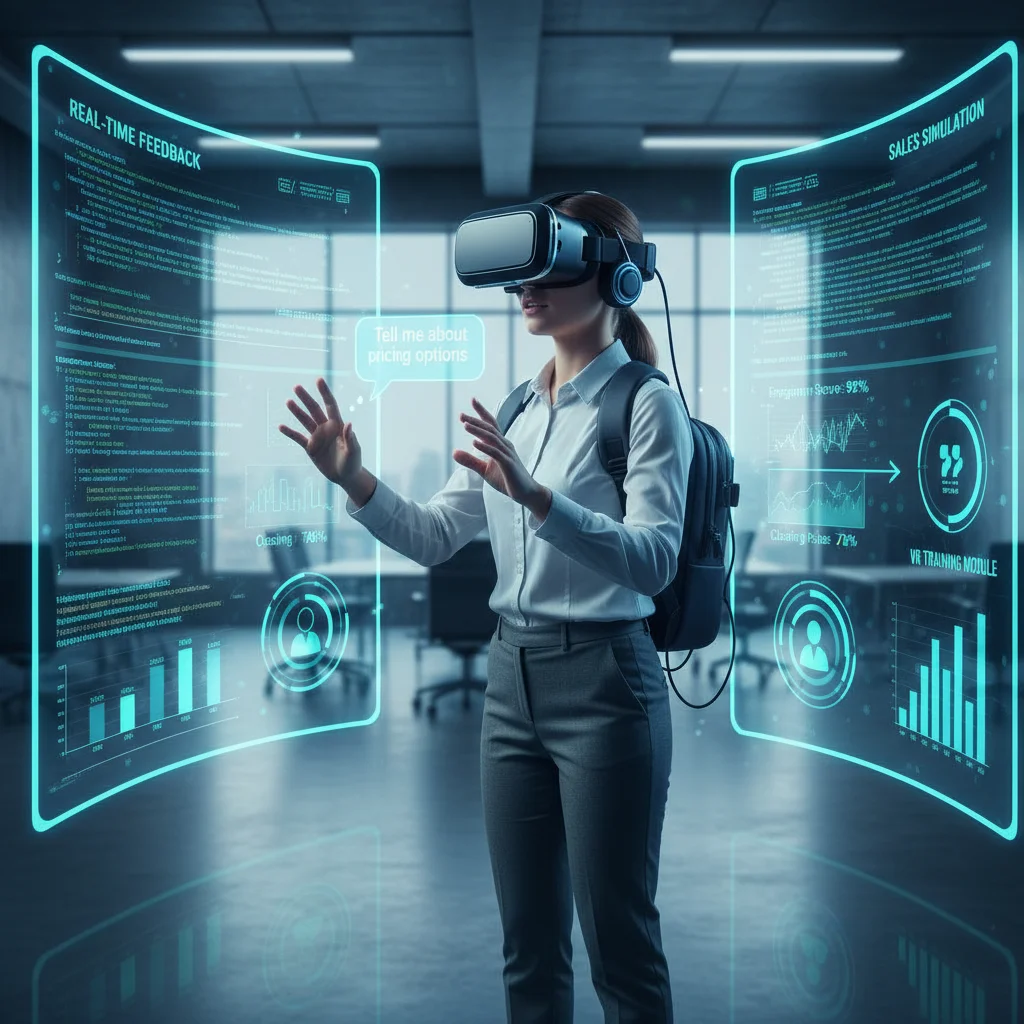 Sales rep practicing customer calls in a virtual reality sales training simulation.