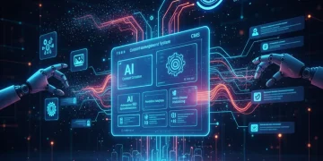 Futuristic dashboard showing AI content management tools boosting efficiency