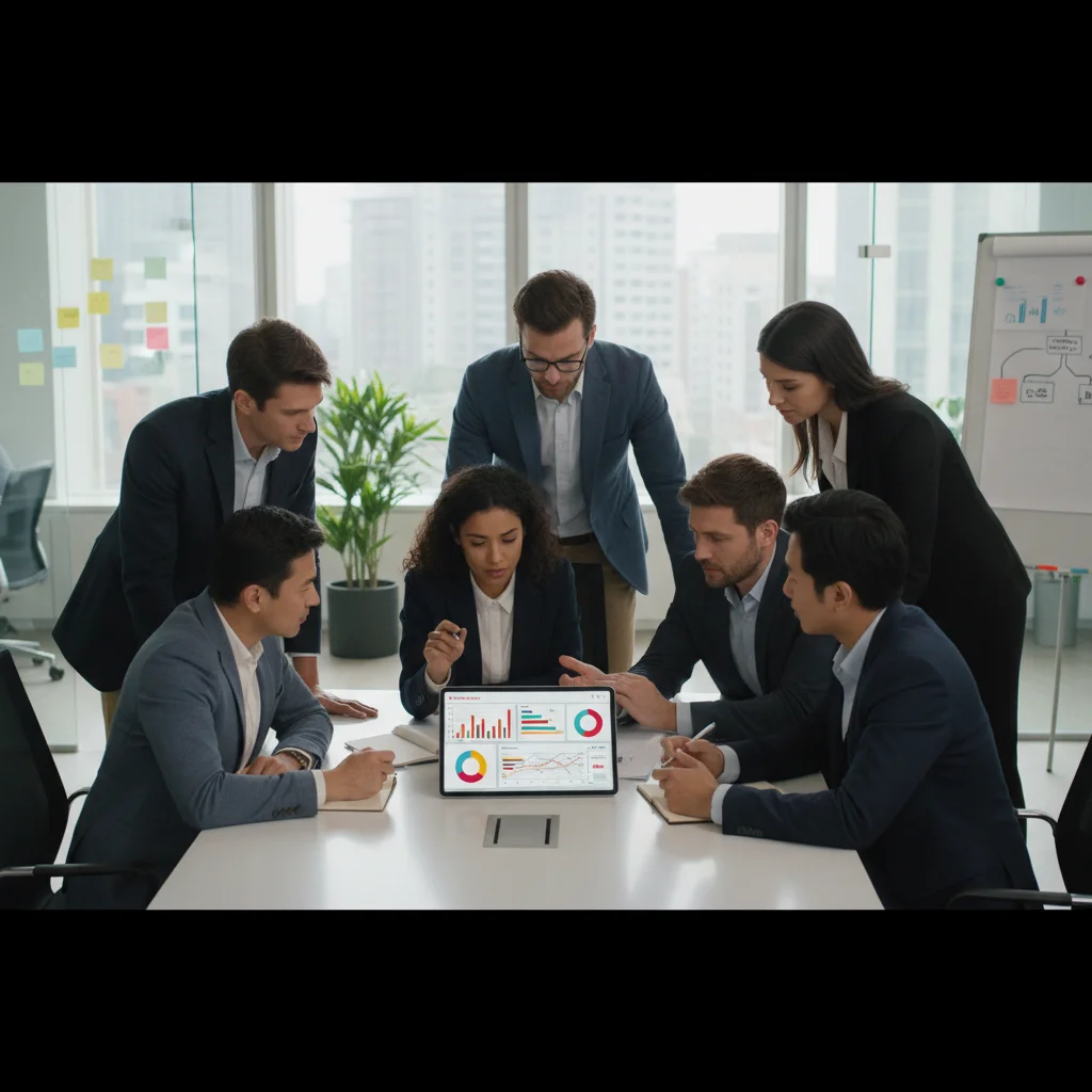 Business team collaborating on data privacy strategy and compliance reports.