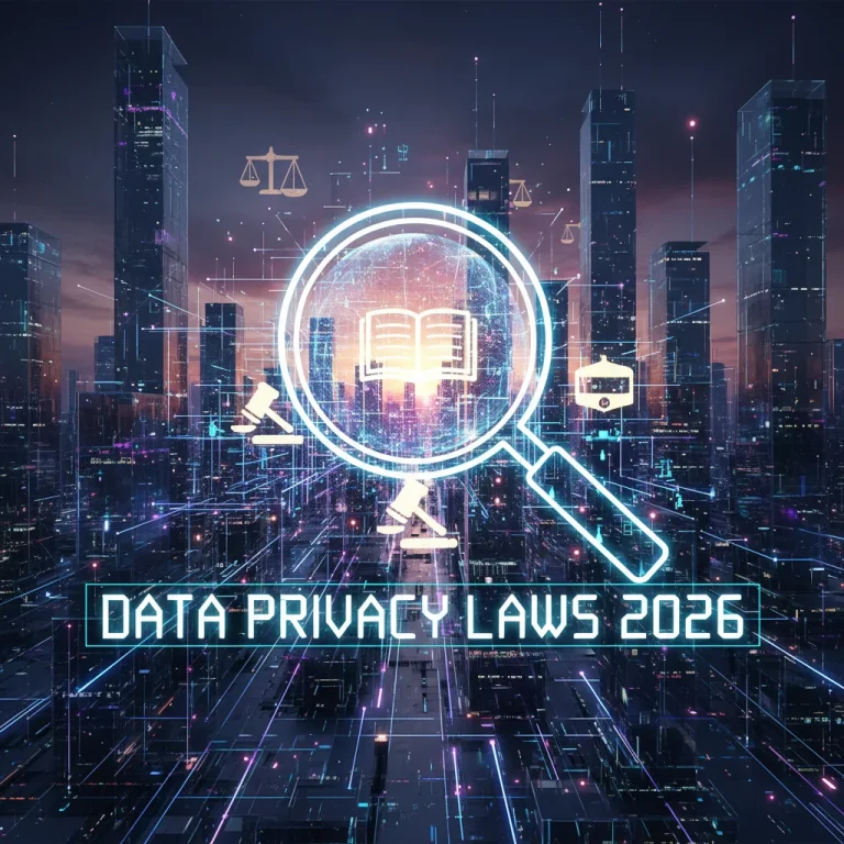 Futuristic digital landscape symbolizing complex data privacy laws and regulations in 2026.