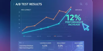 Futuristic A/B testing dashboard showing a 12% performance improvement on a landing page.