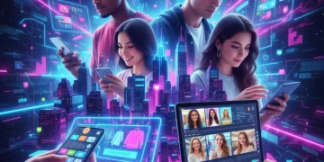 Gen Z engaging with digital commerce on various devices in a futuristic setting.