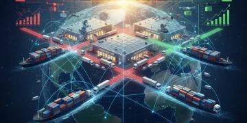 Global supply chain network with ships, trucks, and warehouses, representing resilience against shipping delays for e-commerce.