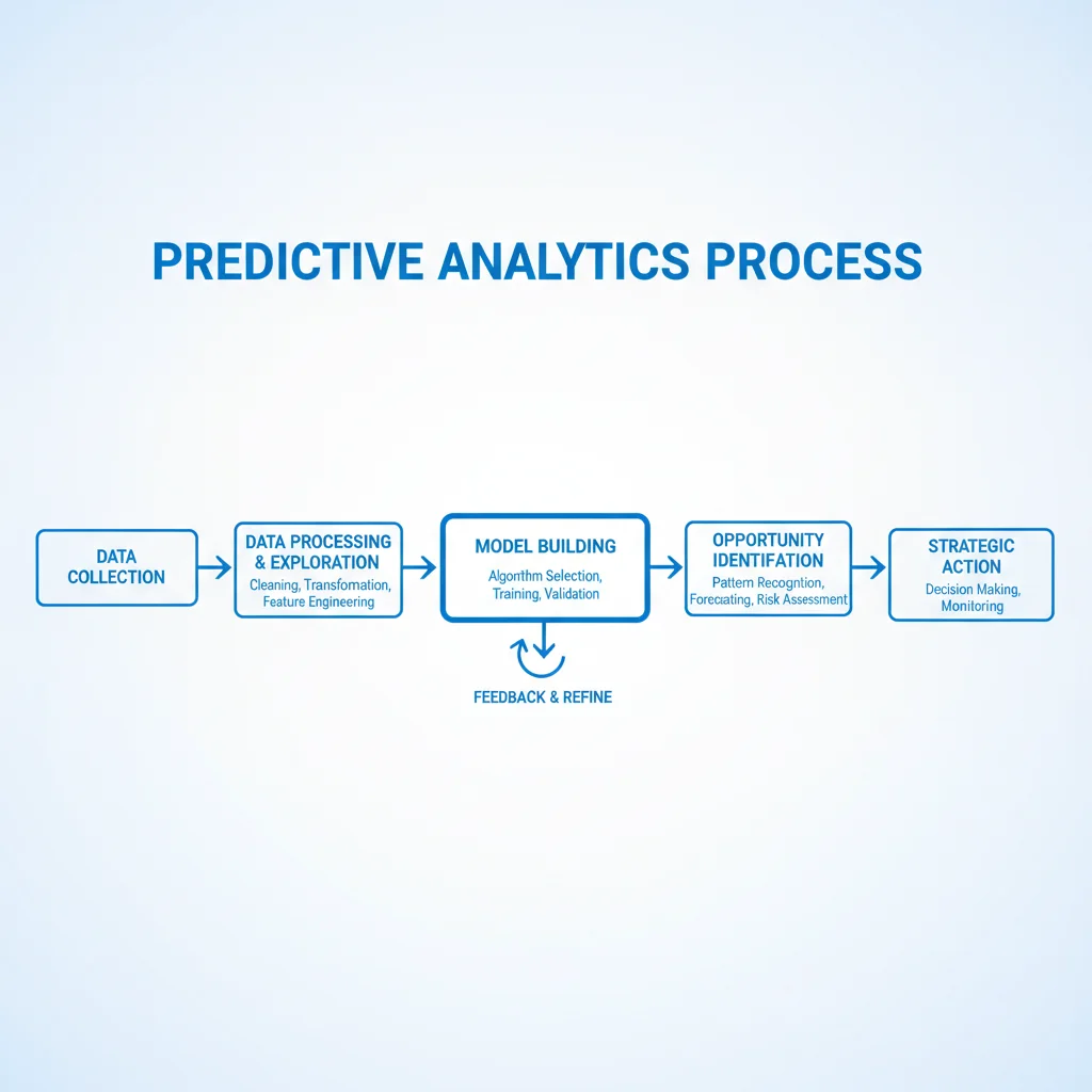 Predictive analytics workflow showing data collection, analysis, and opportunity identification.