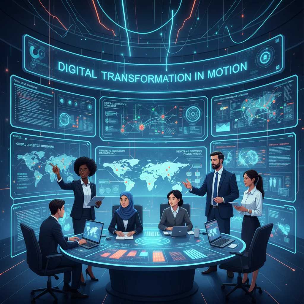 Team analyzing real-time supply Chain data in a control center, highlighting technology and collaboration.