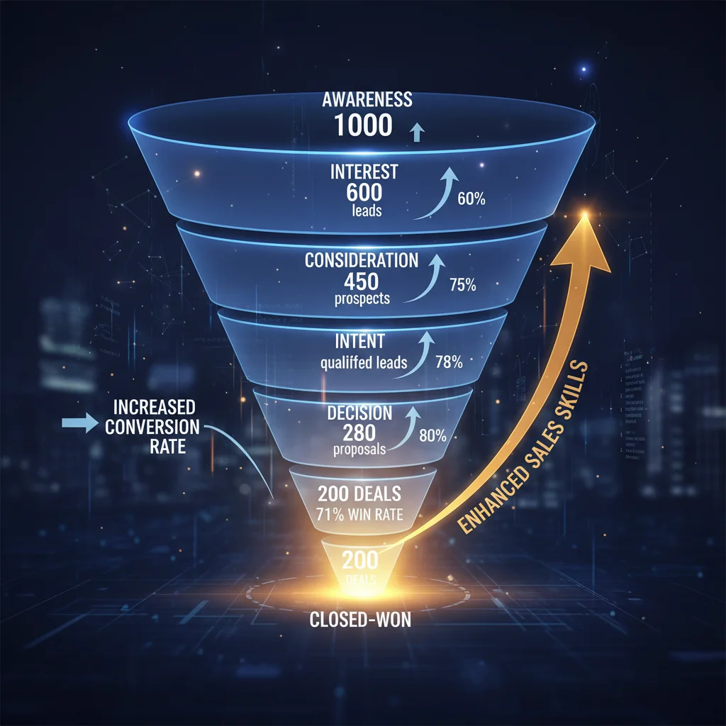Sales funnel illustrating improved conversion rates and higher deal win rates through effective coaching.