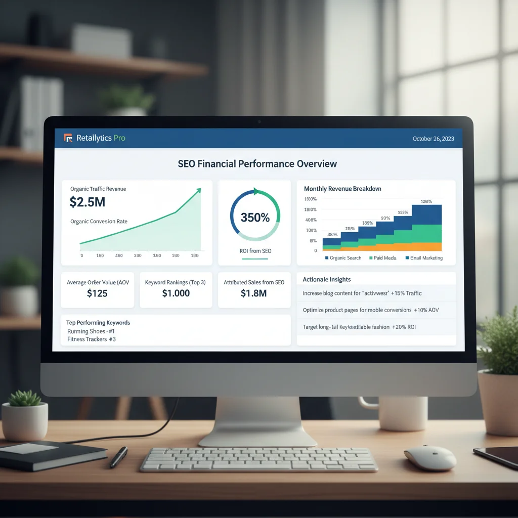 SEO performance dashboard displaying organic traffic, conversions, and ROI metrics for e-commerce.
