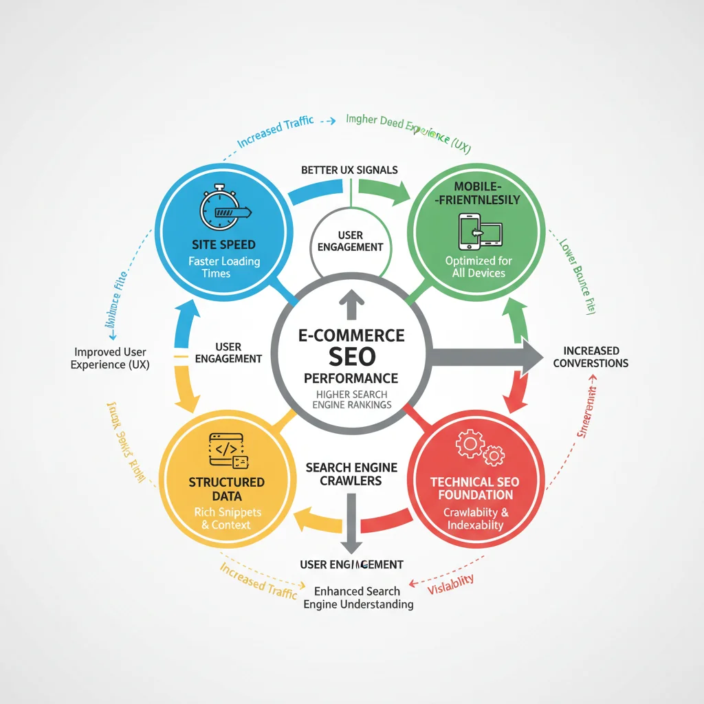 Infographic detailing technical SEO elements for e-commerce success and improved user experience.
